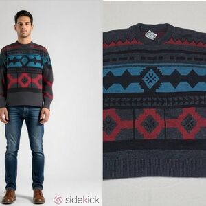 Poplar Classics 70s Vintage Gray Teal Aztec Print Knit Crewneck Tapered Sweater